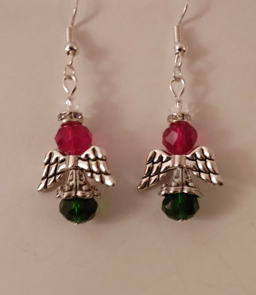 Handmade Christmas Angel Red Green Beaded Dangle Earrings Holiday #C63